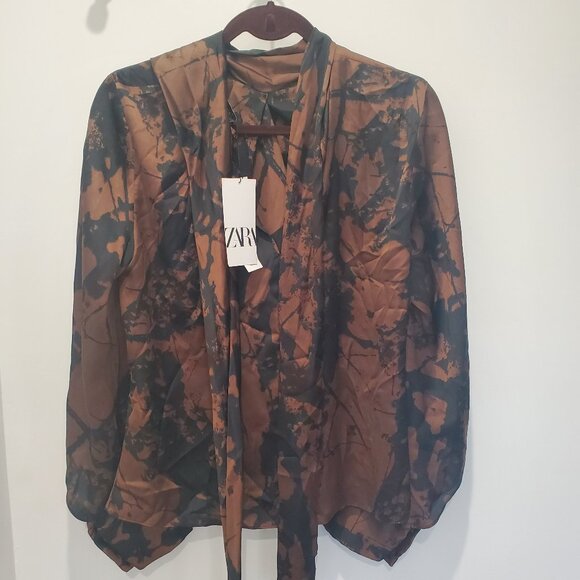 Zara New Brown & Black Abstract Tie Front Blouse with Full Cut Out Long Sleeve L - Picture 2 of 15